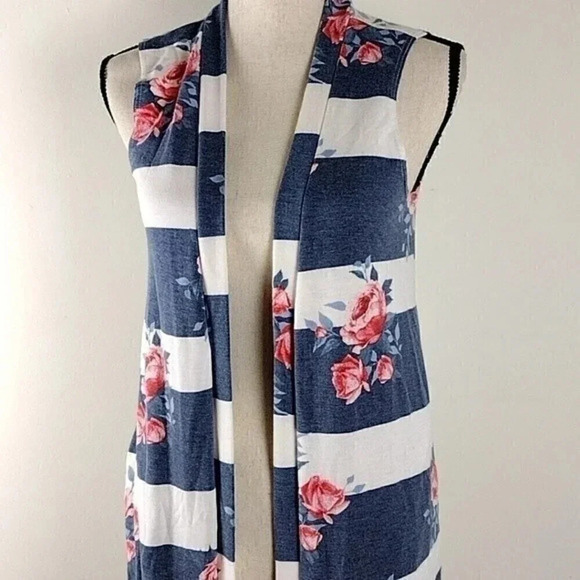 Amelia James Striped Floral Long Duster Sleeveless Boho Kimono with Pockets - Picture 4 of 10